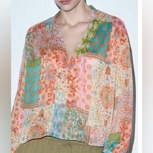 Zara Sheer Patchwork Top Womens Medium Multicolor Metallic Shimmer Boho Blouse